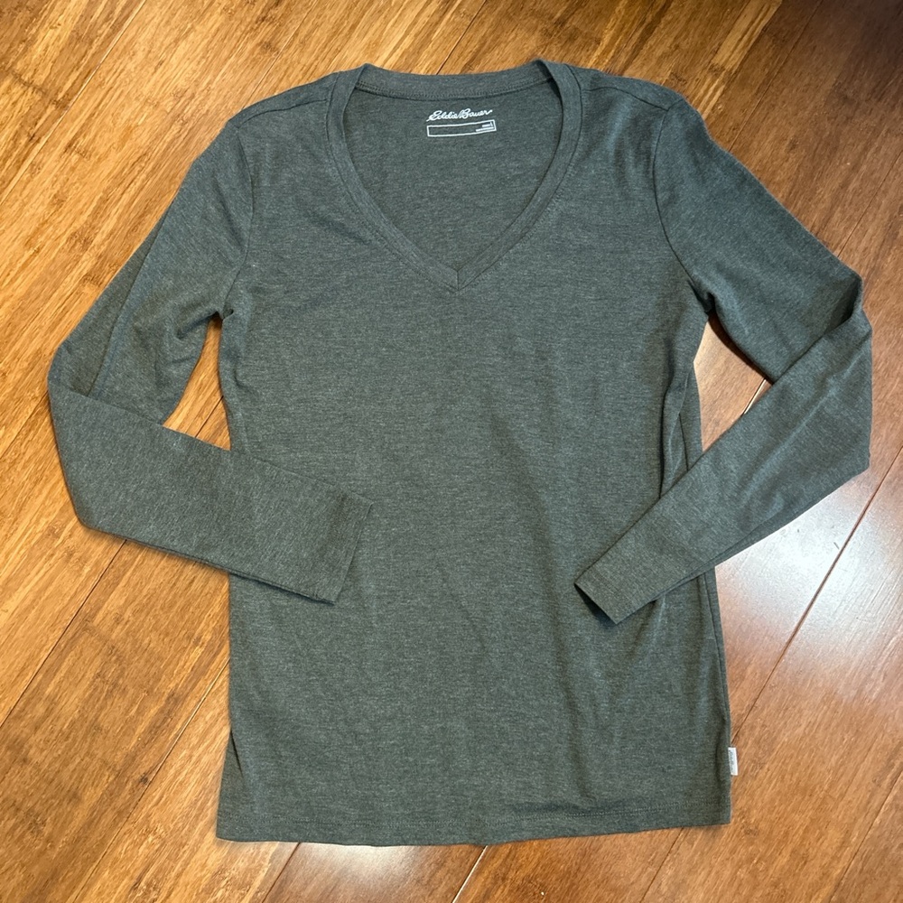 Eddie Bauer Charcoal Green V-Neck Long Sleeve Top